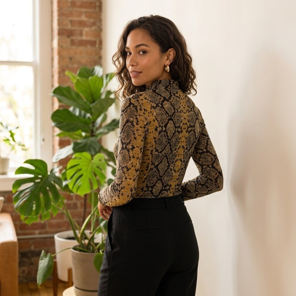 Mob Wife Y2K Leith Brown Mustard Snakeskin Mock Neck Long Sleeve Top Size XL